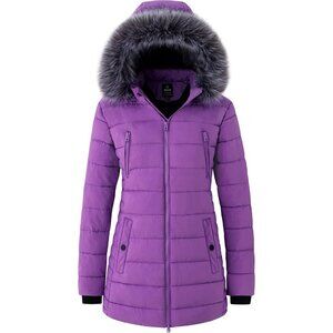 Women's Dark Purple Puffer Jacket Coat Fur Puffer Hood Winter Snowy Weather Warm